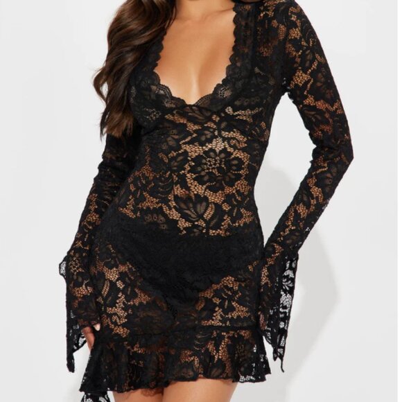 Fashion Nova Black Lace Asymmetrical Cover-Up Dress Long Sleeve Sz L - Picture 1 of 8